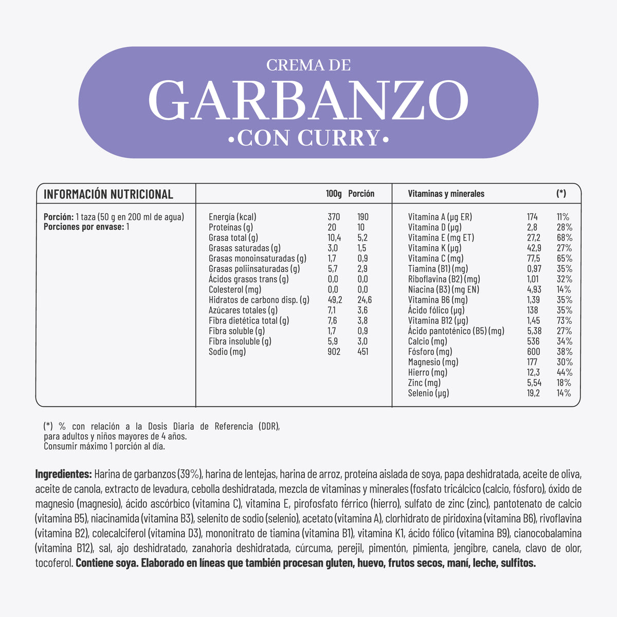 Crema Instantánea de Garbanzo con Curry IPAL Nutrition